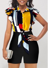 Black Geometric Print Ruffle Sleeve Tie Front Romper