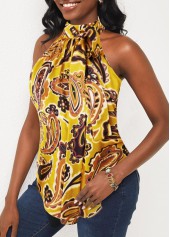 Bib Neck Floral Print Yellow Tank Top