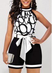 Bib Neck Belted White Polka Dot Romper