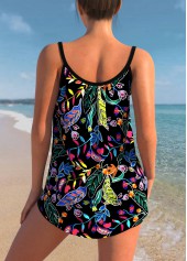 Spaghetti Strap Floral Print Black Tankini Set