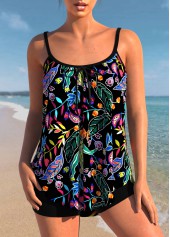 Spaghetti Strap Floral Print Black Tankini Set