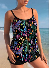 Spaghetti Strap Floral Print Black Tankini Set