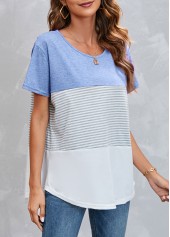 Light Blue Round Neck Striped T Shirt