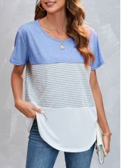 Light Blue Round Neck Striped T Shirt
