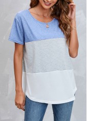 Light Blue Round Neck Striped T Shirt