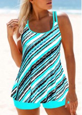 Double Straps Cyan Striped Tankini Set