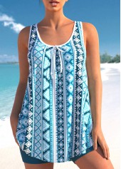 Bowknot Geometric Print Sky Blue Tankini Set