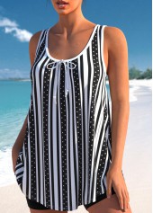 Stripe Print Black Bowknot Tankini Set