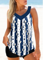 Wide Strap Floral Print Dark Blue Tankini Set
