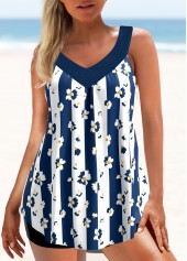 Wide Strap Floral Print Dark Blue Tankini Set