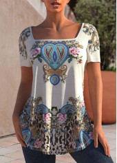 Beige Square Collar Tribal Print T Shirt