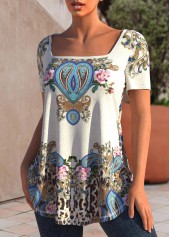 Beige Square Collar Tribal Print T Shirt