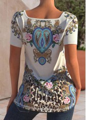 Beige Square Collar Tribal Print T Shirt