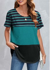 Round Neck Green Striped Short Sleeve T Shirt