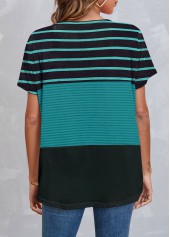 Round Neck Green Striped Short Sleeve T Shirt