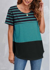 Round Neck Green Striped Short Sleeve T Shirt