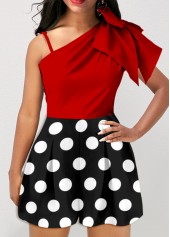 Polka Dot Bowknot Asymmetric Design Red Romper