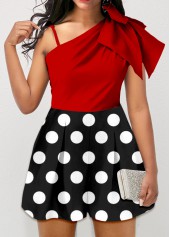 Polka Dot Bowknot Asymmetric Design Red Romper