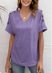 Lavender V Neck Decorative Button T Shirt