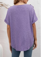 Lavender V Neck Decorative Button T Shirt