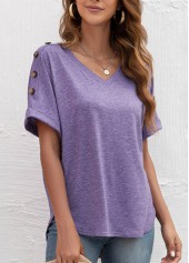 Lavender V Neck Decorative Button T Shirt