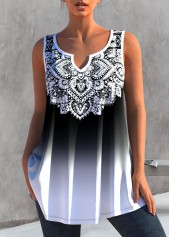 Tribal Print White Ombre Split Neck Tank Top
