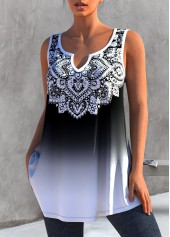 Tribal Print White Ombre Split Neck Tank Top