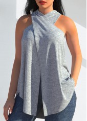 Grey Cross Halter Sleeveless Tank Top