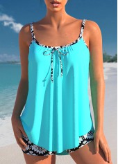Cyan Geometric Print Bowknot Tankini Set