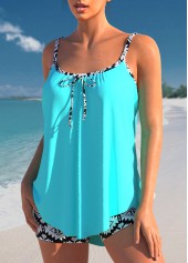Cyan Geometric Print Bowknot Tankini Set