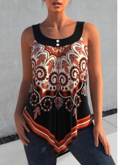 Tribal Print Asymmetric Hem Orange Tank Top
