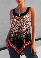 Tribal Print Asymmetric Hem Orange Tank Top