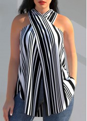 Black Cross Halter Striped Tank Top