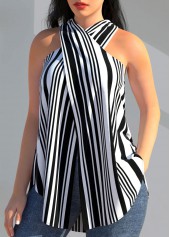 Black Cross Halter Striped Tank Top