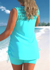 Cyan Lace Patchwork Cross Strap Tankini Set