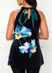 Floral Print Black Halter Keyhole Back T Shirt