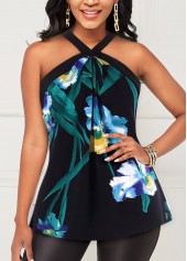 Floral Print Black Halter Keyhole Back T Shirt