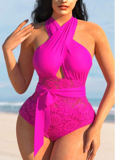 Lace Stitching Rose Red Cross Halter One Piece Swimwear