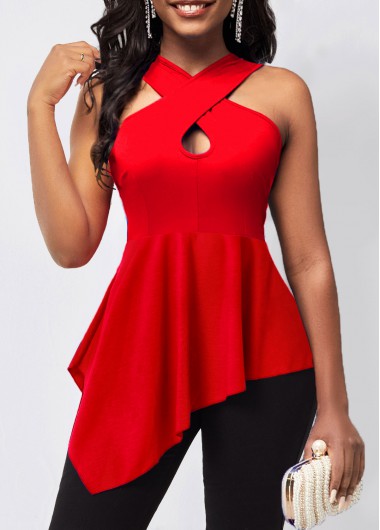 Asymmetric Hem Red Cross Front Tank Top