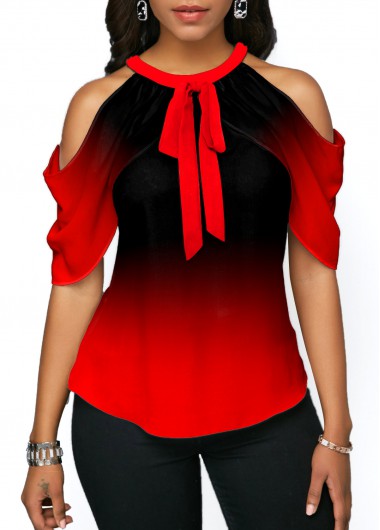 Cold Shoulder Ombre Red Halter Blouse Cold Shoulder Ombre Red Halter Blouse