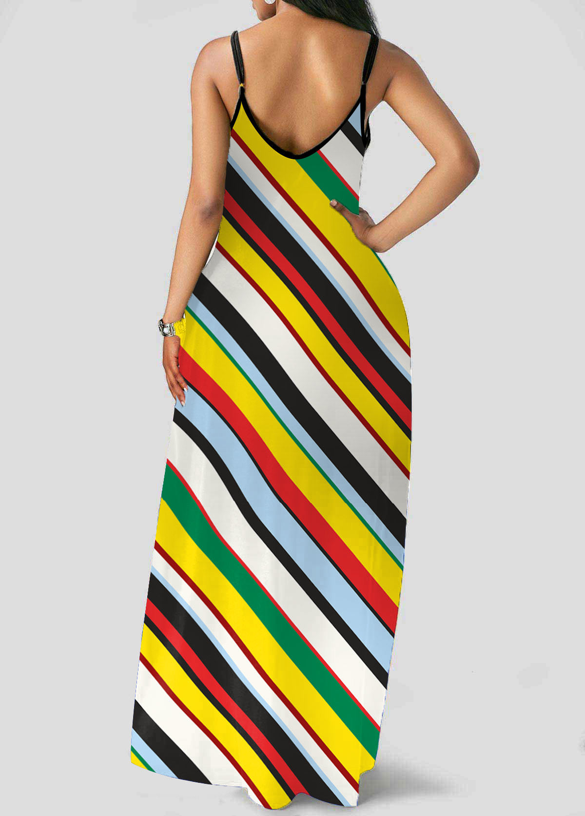 Spaghetti Strap Double Side Pocket Rainbow Stripe Dress