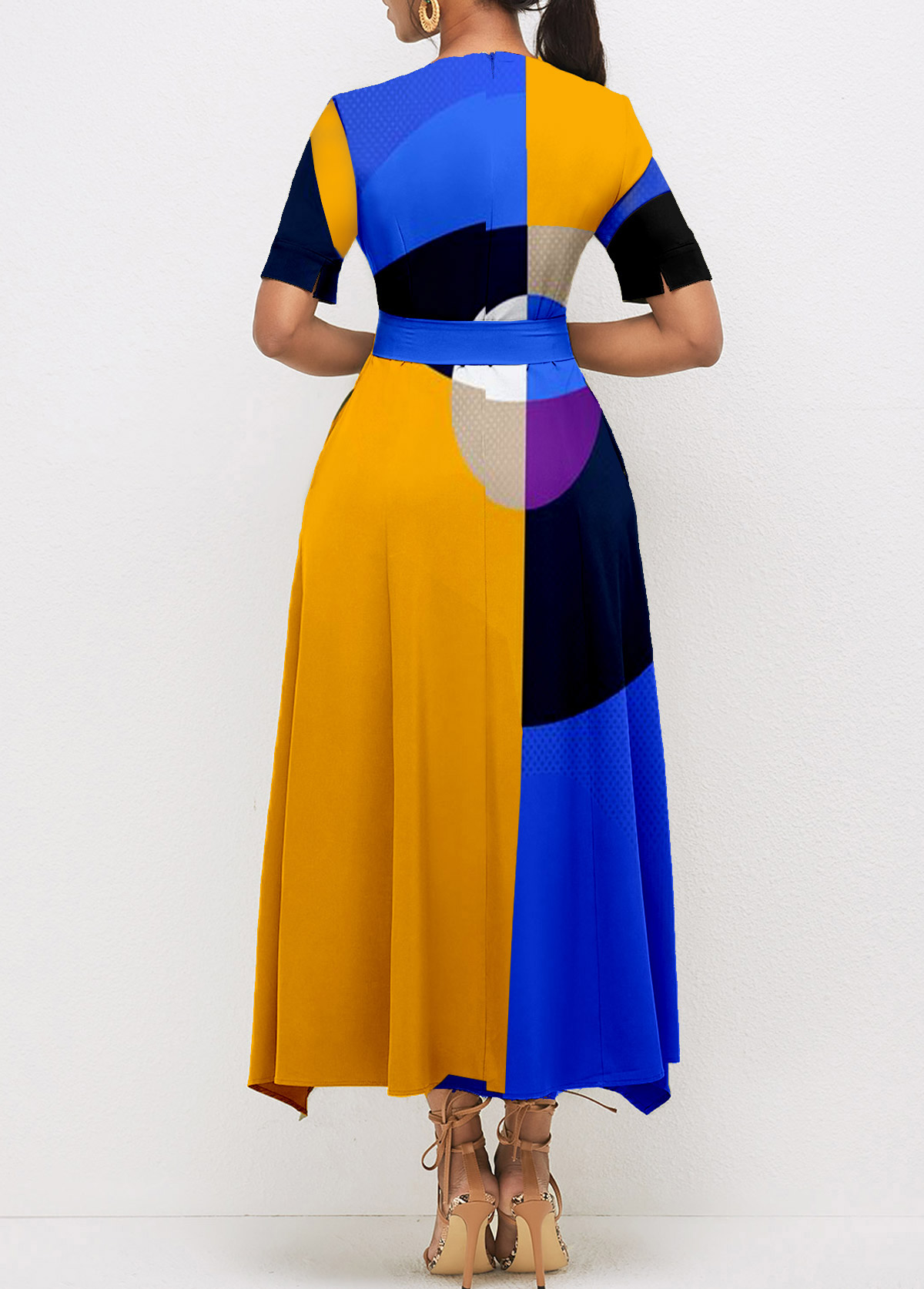 Belted Geometric Print Color Block Dress