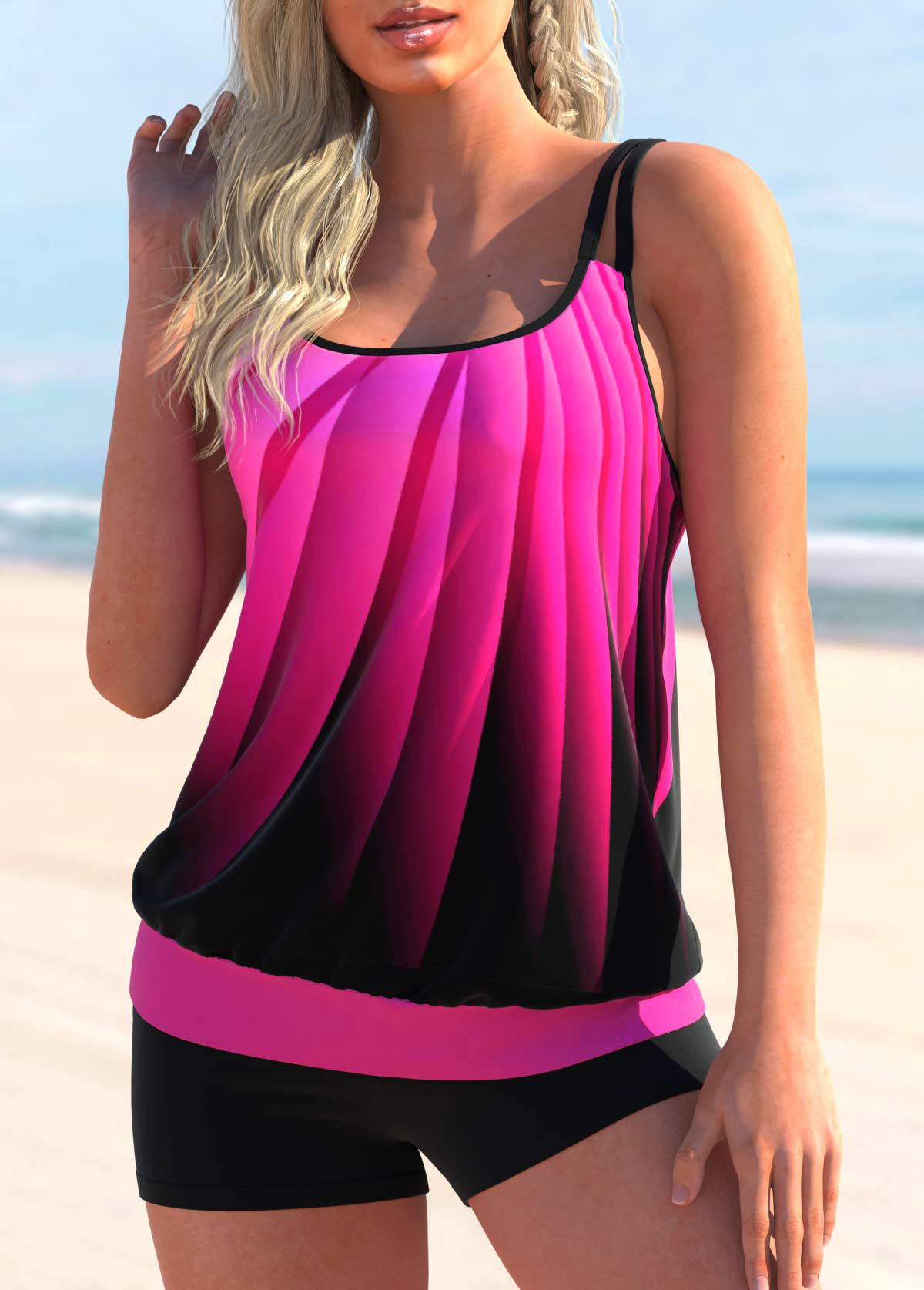 Double Straps Ombre Hot Pink Tankini Top-No Bottom