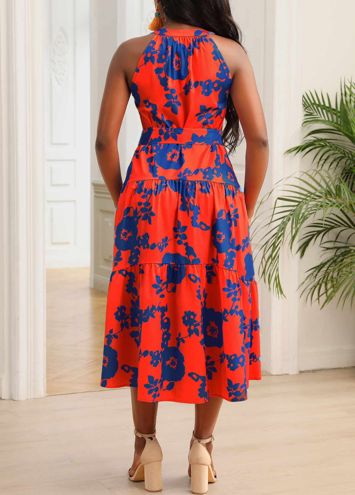 Orange Floral Print Belted Split Neck Dress