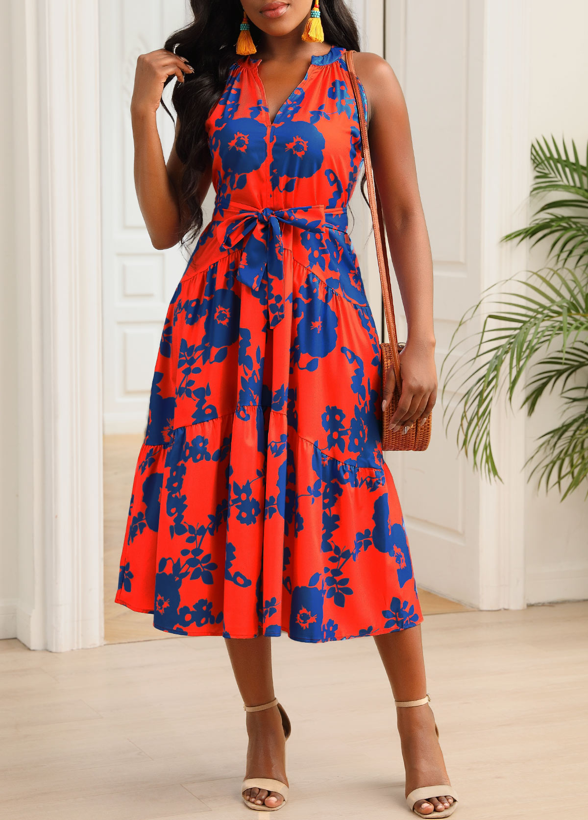 Orange Floral Print Belted Split Neck Dress