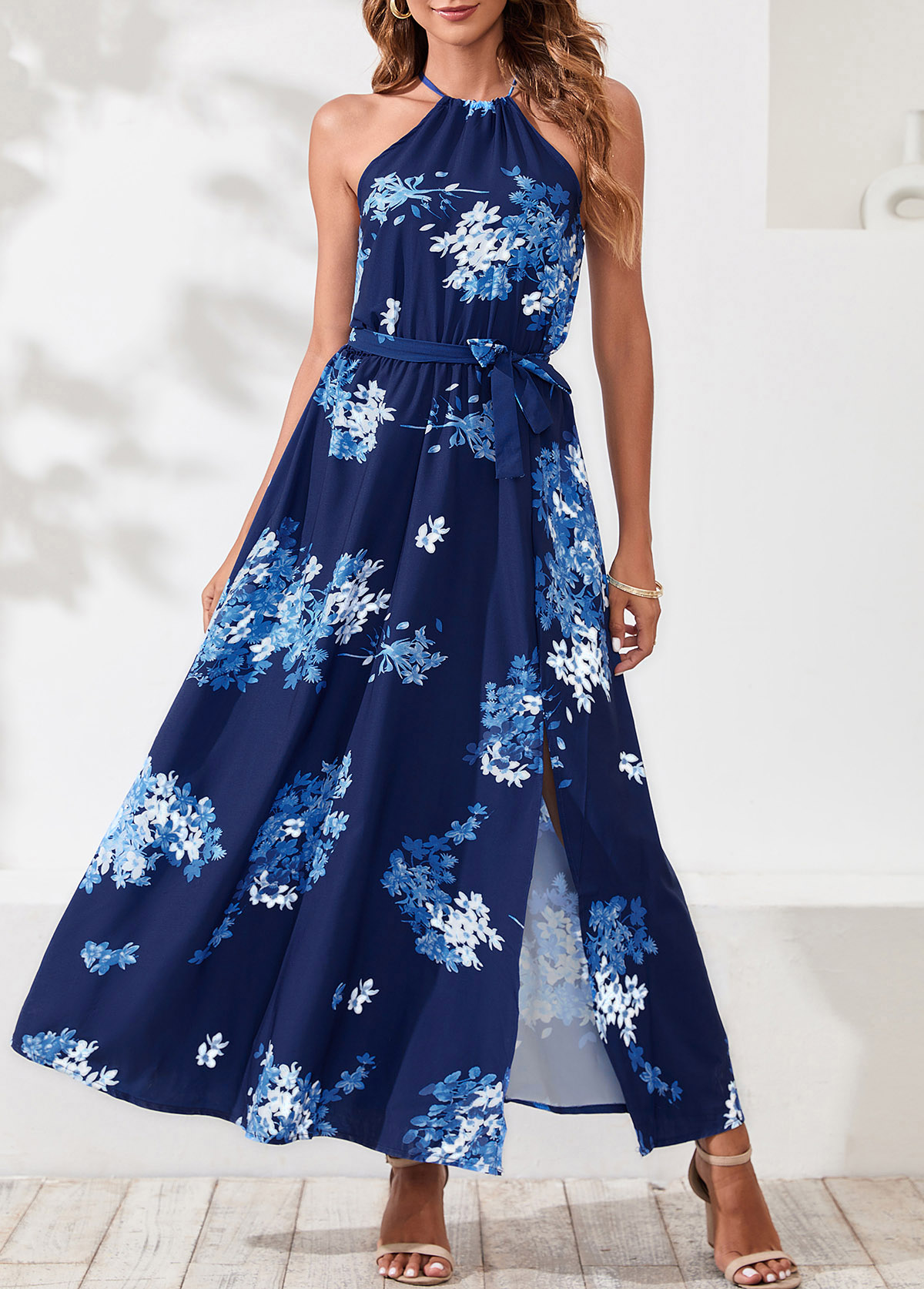 Navy Blue Floral Print Belted Bib Neck Dress