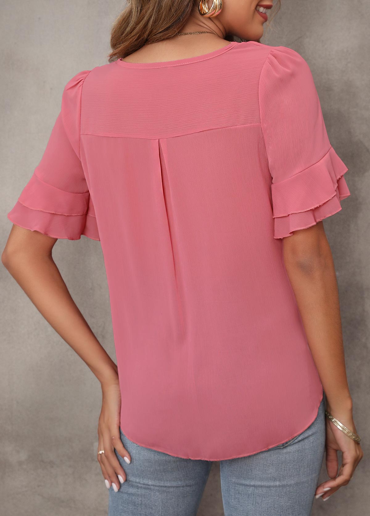 Layered Ruffle Hem Dusty Pink Tie Front T Shirt