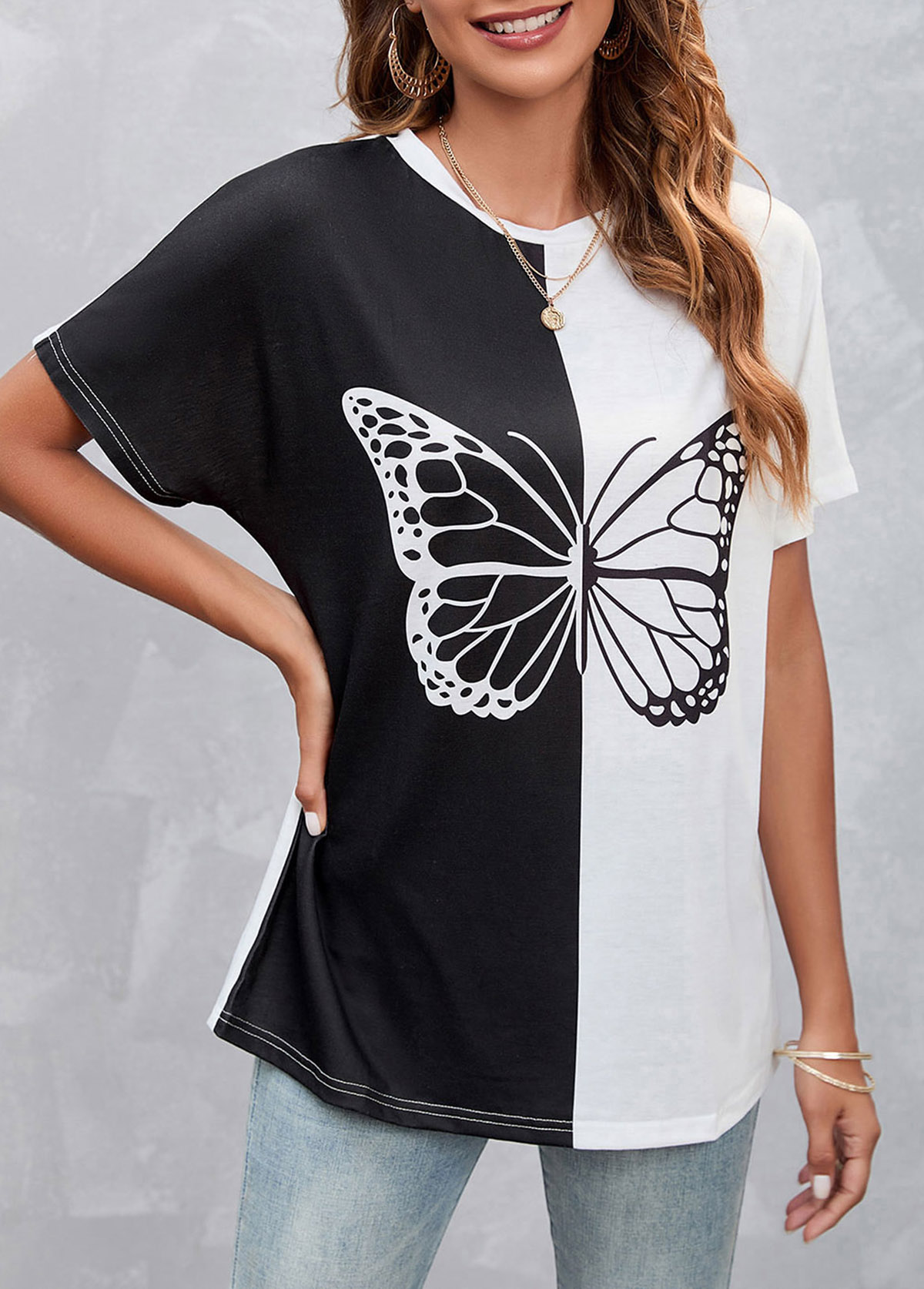 Contrast White Butterfly Print T Shirt