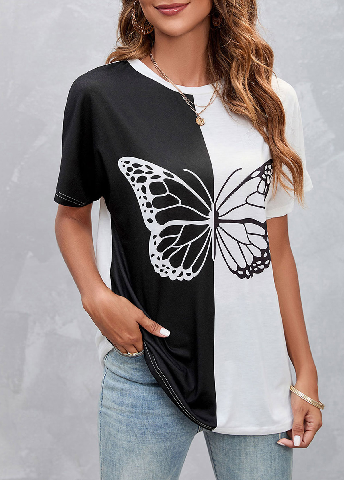 Contrast White Butterfly Print T Shirt