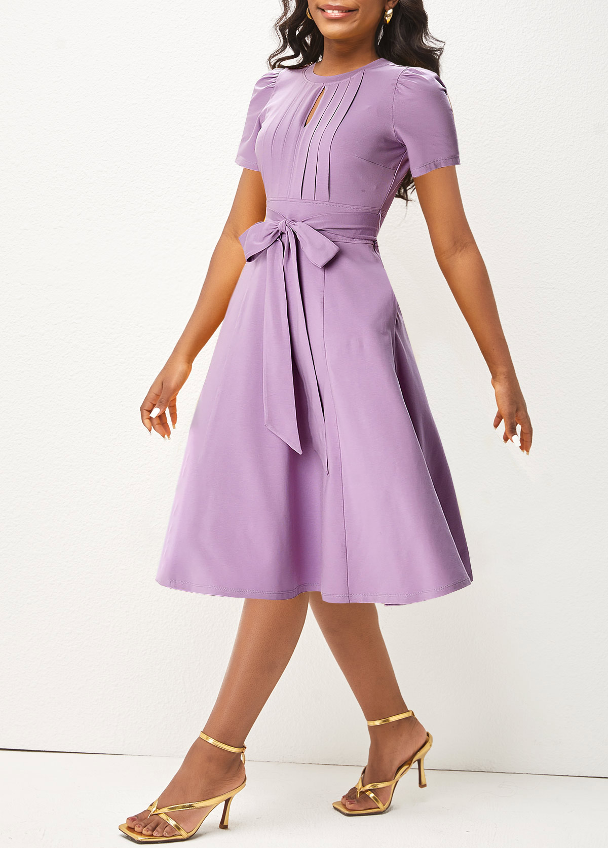 Puff Sleeve Purple Belted Round Neck Dress